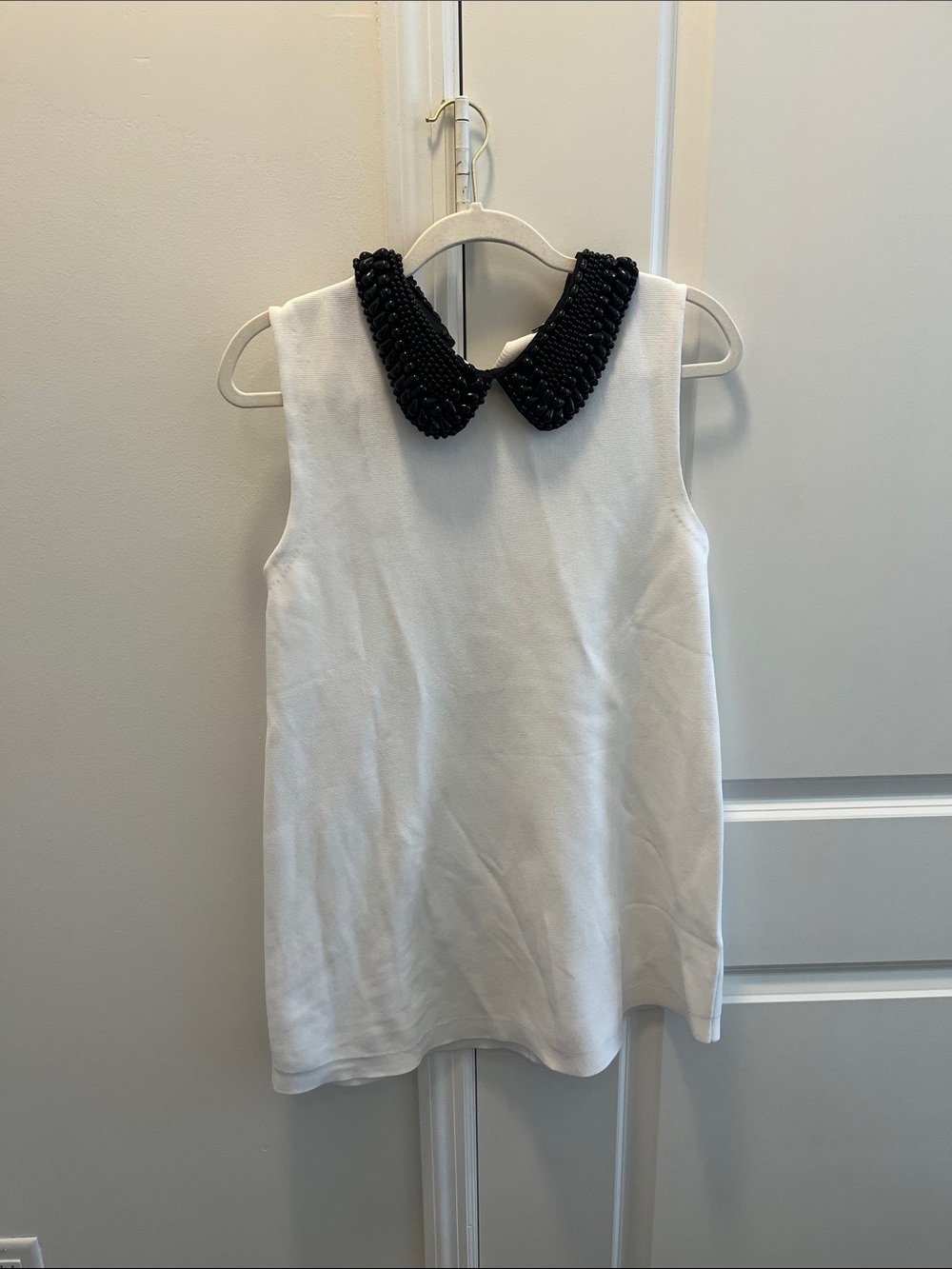Zara White Mini Dress with Black Beaded Peter Pan Collar